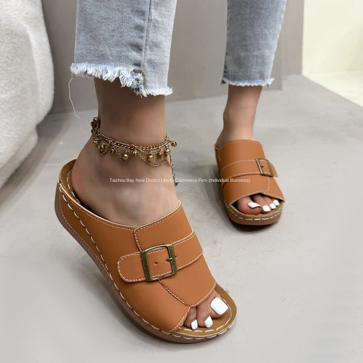 Versatile Buckle Wedge Heel Thick Sole Slip-On Beach Sandals for Women