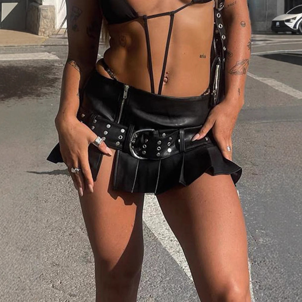 Street Style Motorcycle Rivet Spliced Waistband Slit Pleated Skirt Punk Style Slimming Leather A-Line Mini Skirt