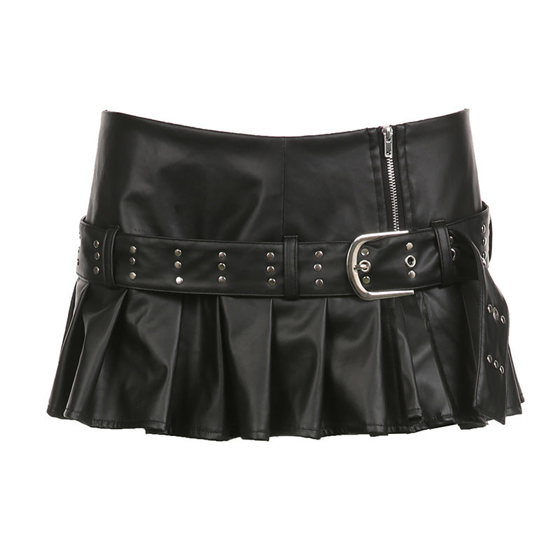 Street Style Motorcycle Rivet Spliced Waistband Slit Pleated Skirt Punk Style Slimming Leather A-Line Mini Skirt
