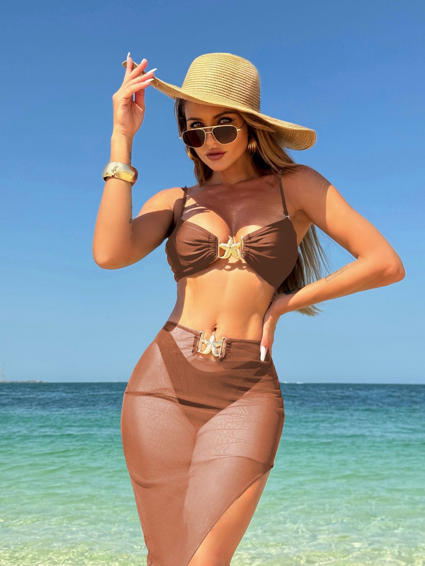 Sexy Solid Color Three-Piece Mesh Long Dress Swimsuit Bikini