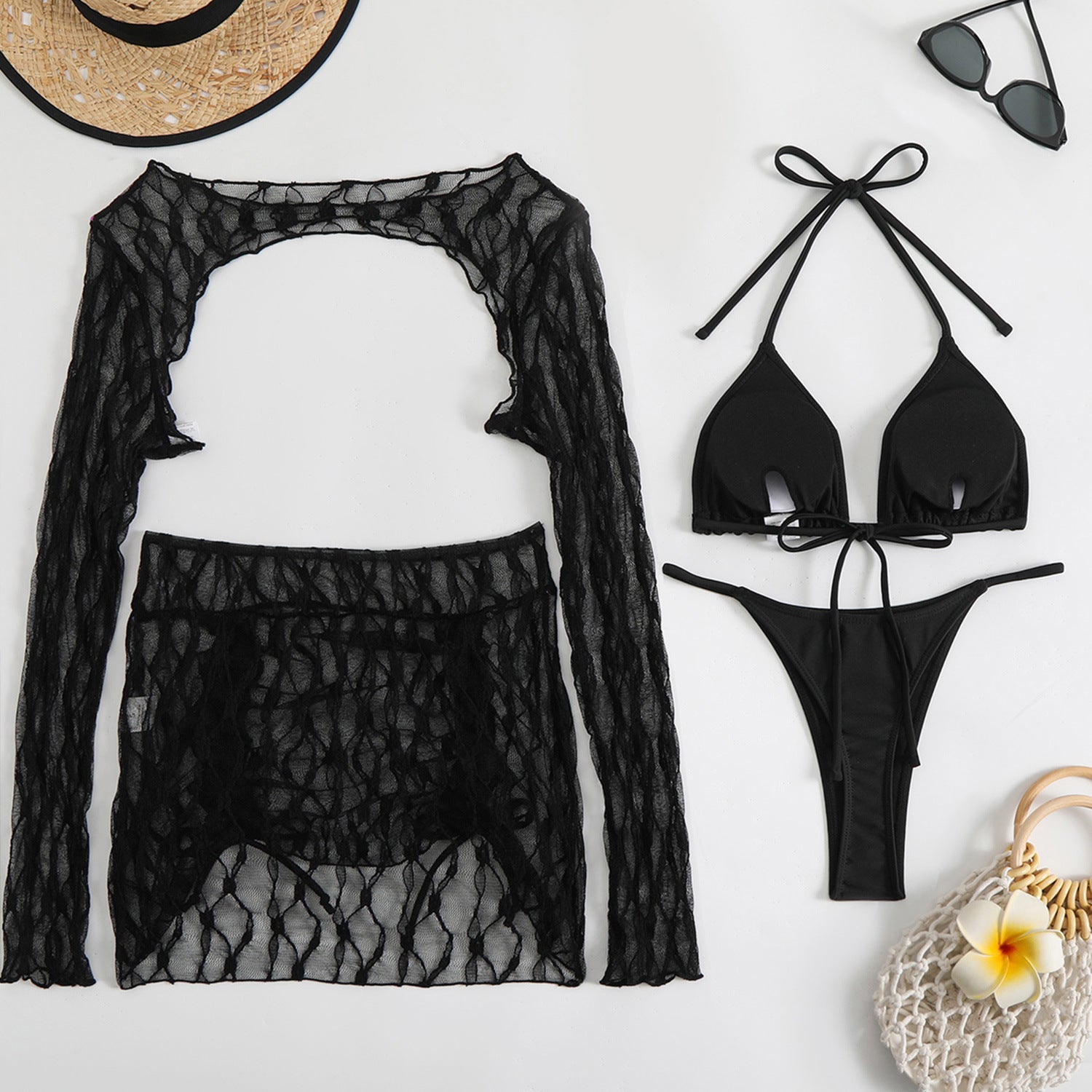 Style Solid Color Special Mesh Four-Piece Beachwear Sexy Bikini Set