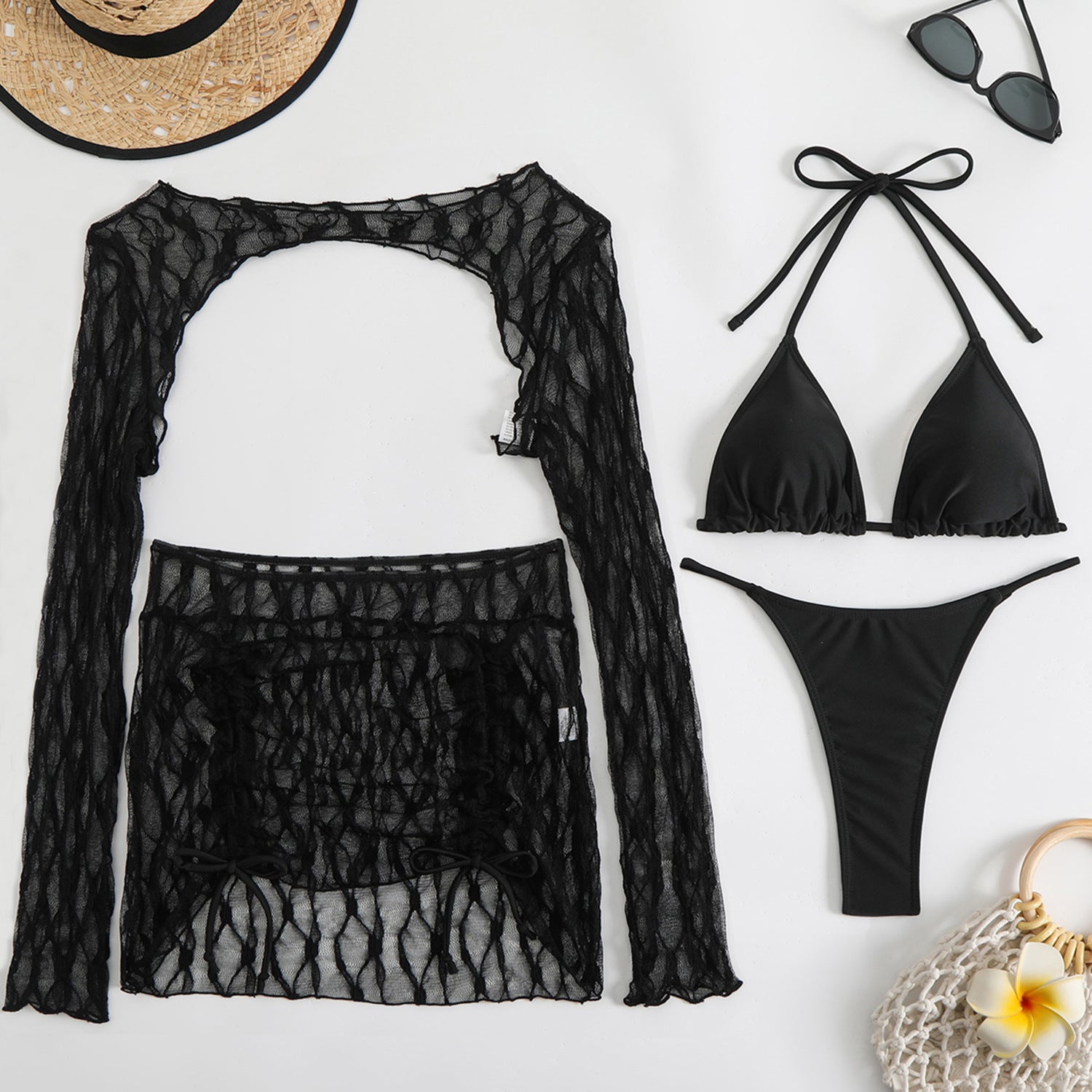 Style Solid Color Special Mesh Four-Piece Beachwear Sexy Bikini Set