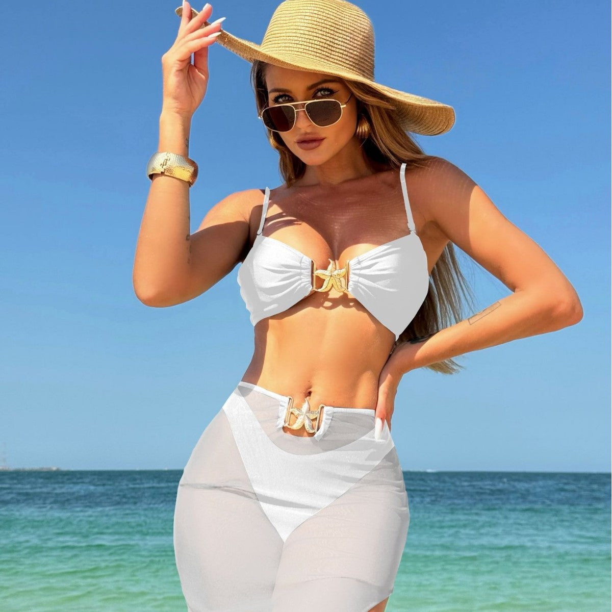 Sexy Solid Color Three-Piece Mesh Long Dress Swimsuit Bikini