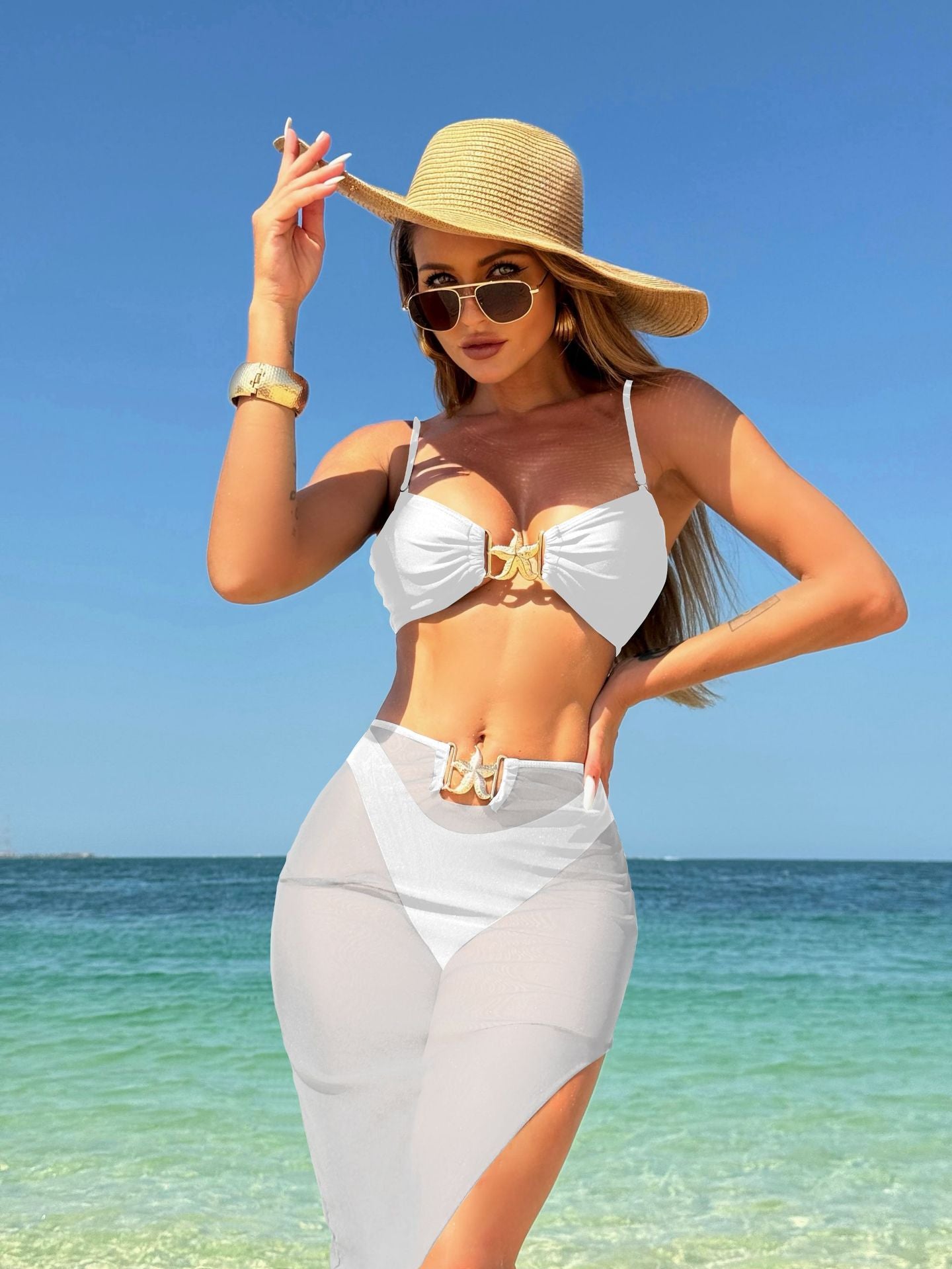 Sexy Solid Color Three-Piece Mesh Long Dress Swimsuit Bikini