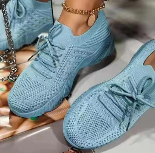New big size women's sneakers women's lace mesh thick sole flying woven shoes breathable