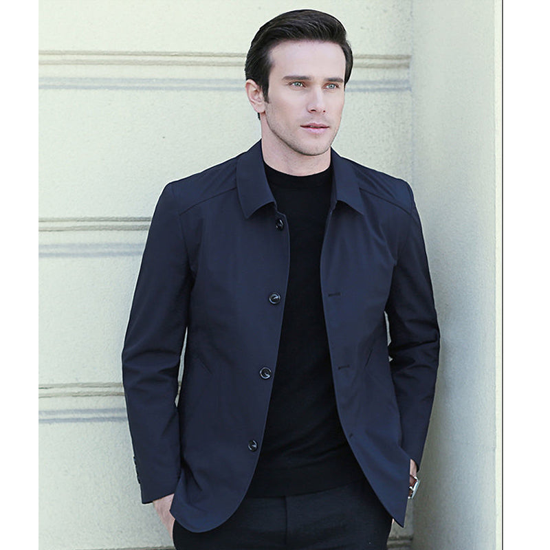 Men Jacket Elegant Men's Mid Length Business Jacket with Turn-down Collar Single-breasted Design for Fall Spring Seasons