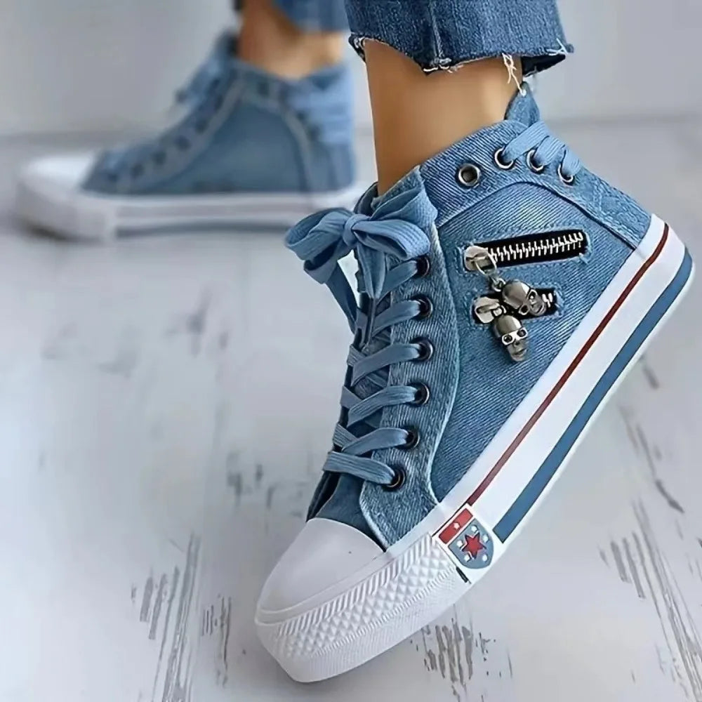 Flat bottomed lace up board shoes casual denim cloth shoes breathable canvas shoes high top female students