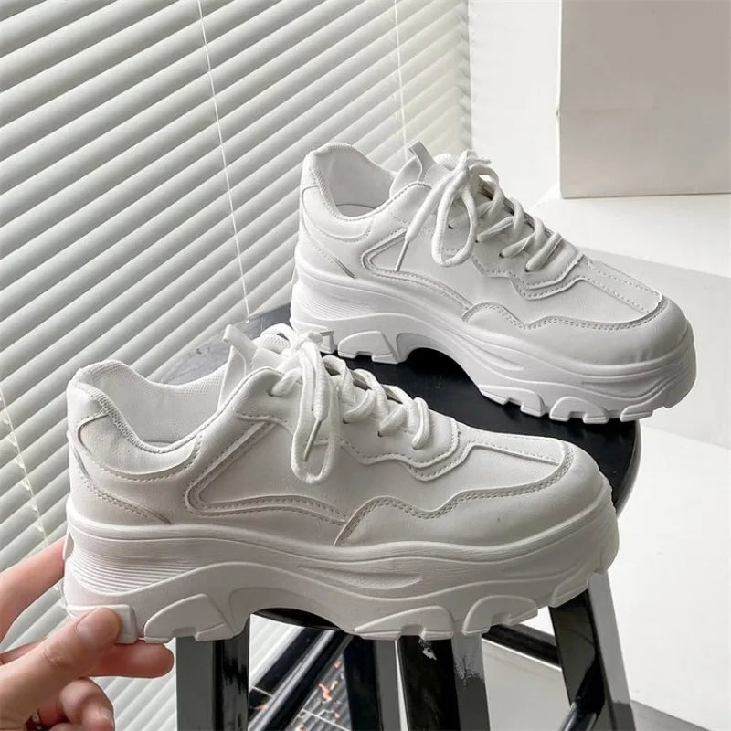 Women Leather Flat Shoes Autumn Fashion Lace Up Casual Fashion Thick Soled Breathable Inner Heightening Round Toe White Sneakers