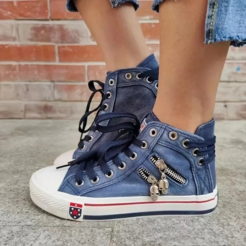 Flat bottomed lace up board shoes casual denim cloth shoes breathable canvas shoes high top female students