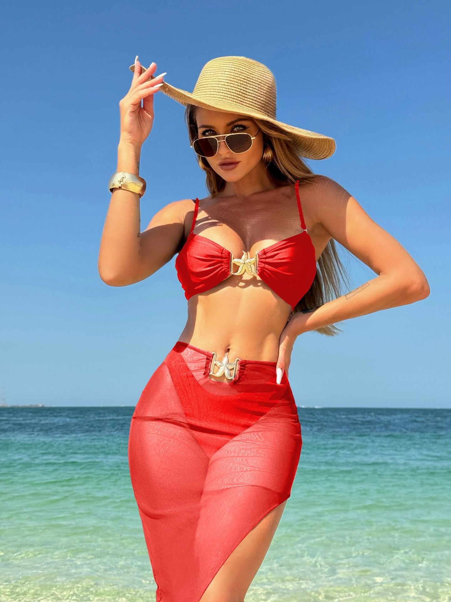Sexy Solid Color Three-Piece Mesh Long Dress Swimsuit Bikini