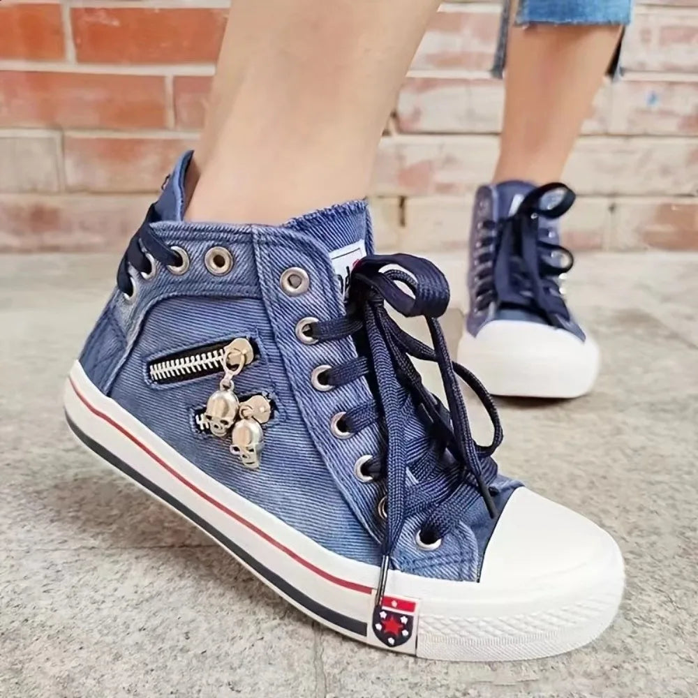 Flat bottomed lace up board shoes casual denim cloth shoes breathable canvas shoes high top female students