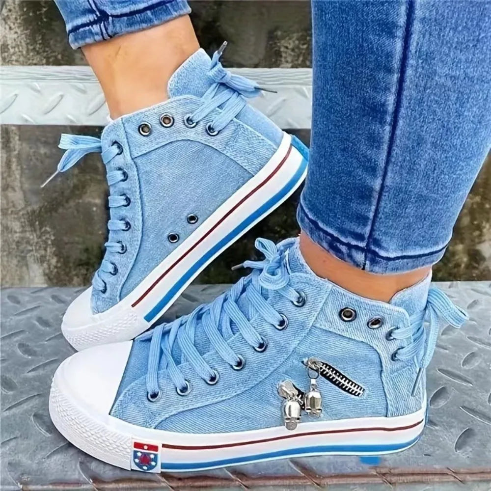 Flat bottomed lace up board shoes casual denim cloth shoes breathable canvas shoes high top female students