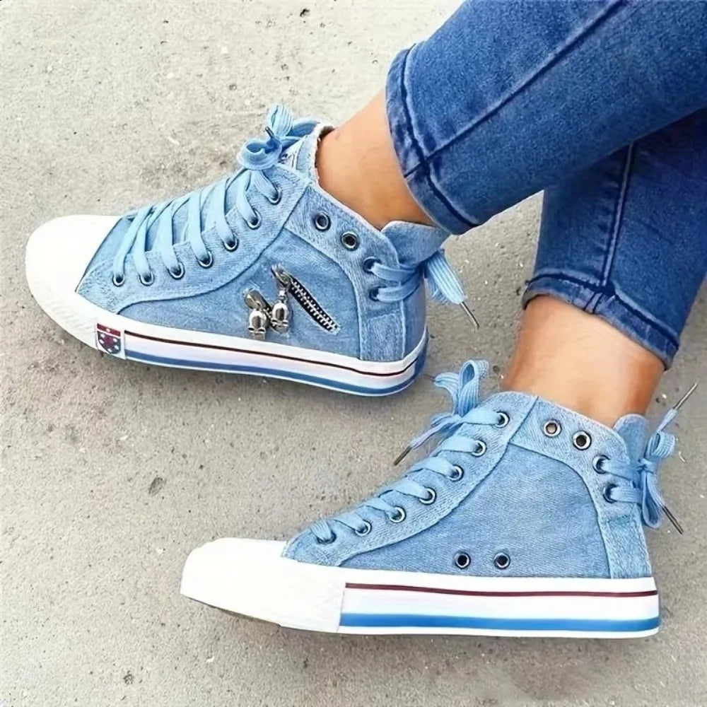 Flat bottomed lace up board shoes casual denim cloth shoes breathable canvas shoes high top female students