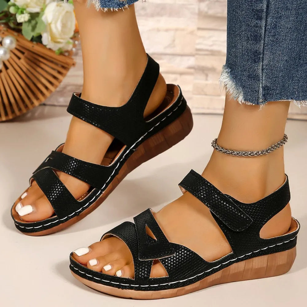Casual fish mouth sandals Roman style sandals with Velcro hollow out wedge heel and thick soled sandals for outerwear