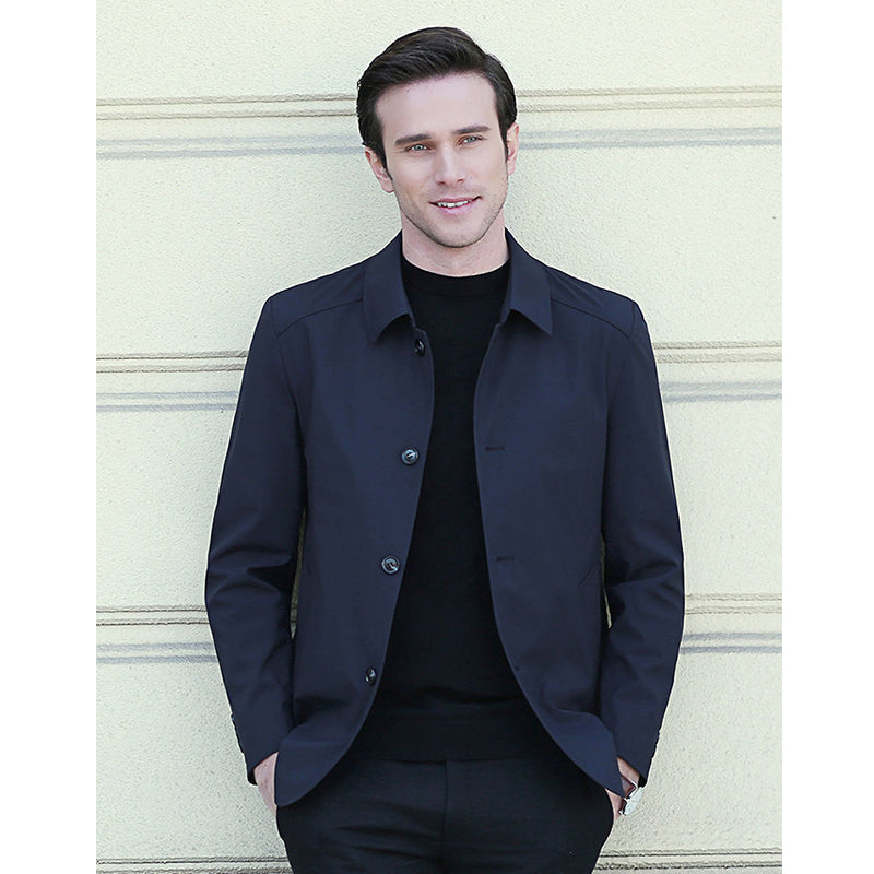 Men Jacket Elegant Men's Mid Length Business Jacket with Turn-down Collar Single-breasted Design for Fall Spring Seasons