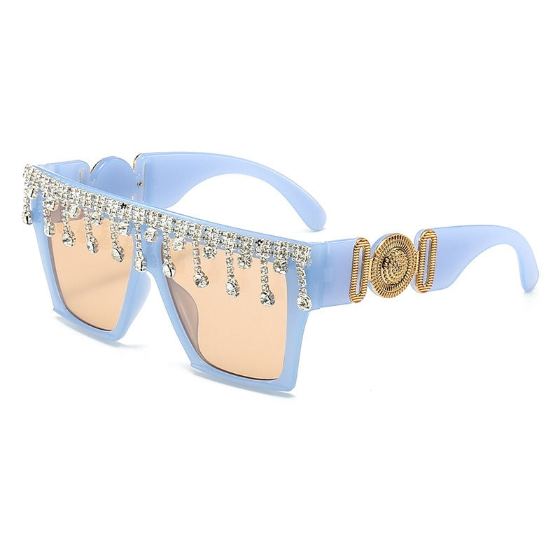 New retro large frame with diamond inlay, fashionable and versatile sunglasses, party and party stage trends, cross-border sunglasses for women