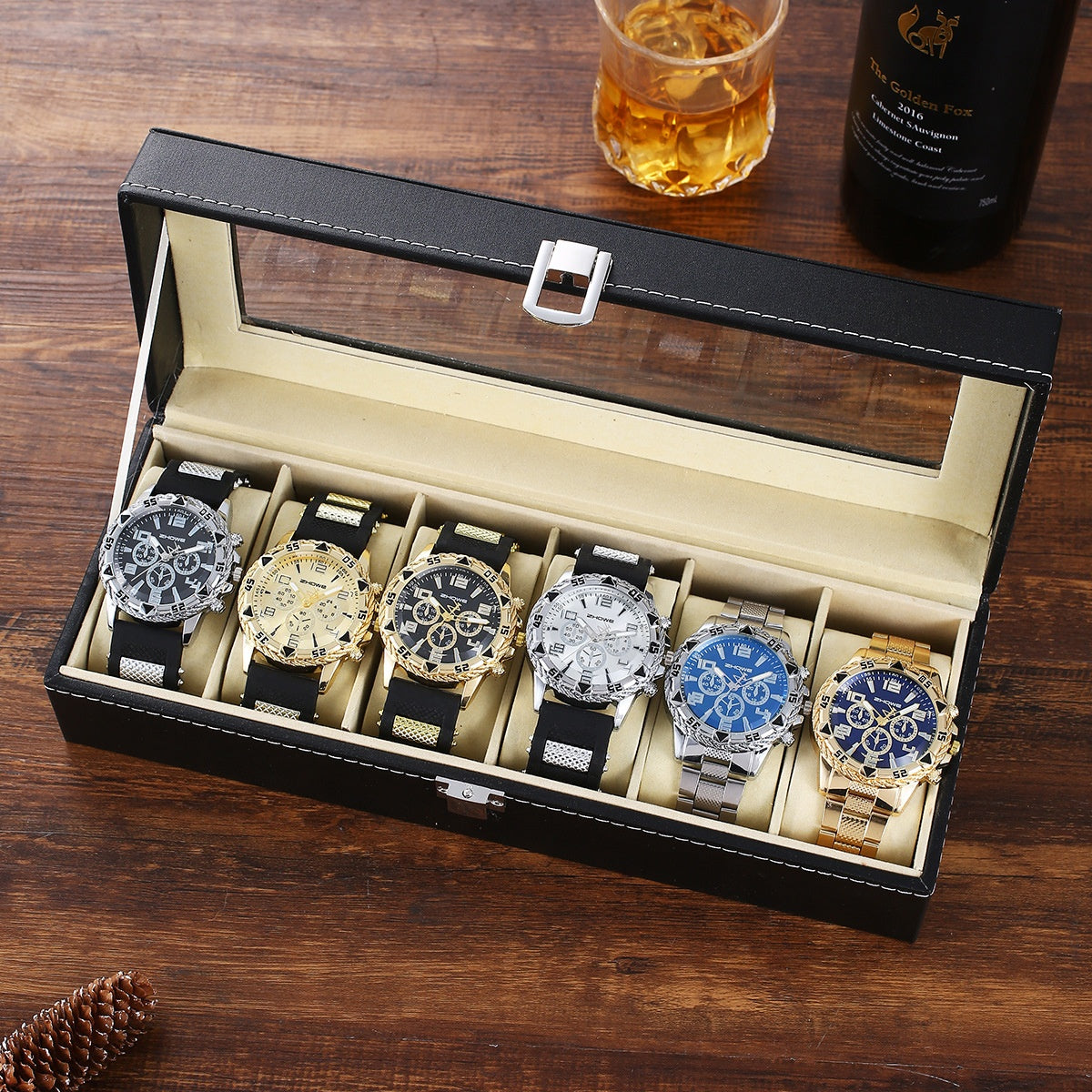 Six-Piece Boxed Watch Men's Steel Band Fashion Party Dress Watch Men's Gift