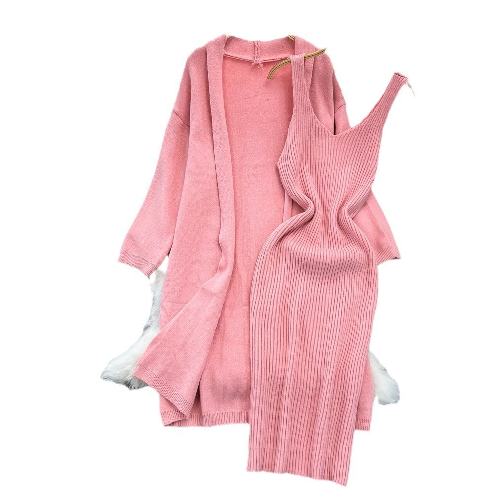 Soft and lazy style versatile loose medium to long knitted sweater jacket two-piece set, V-neck vest, hip hugging dress