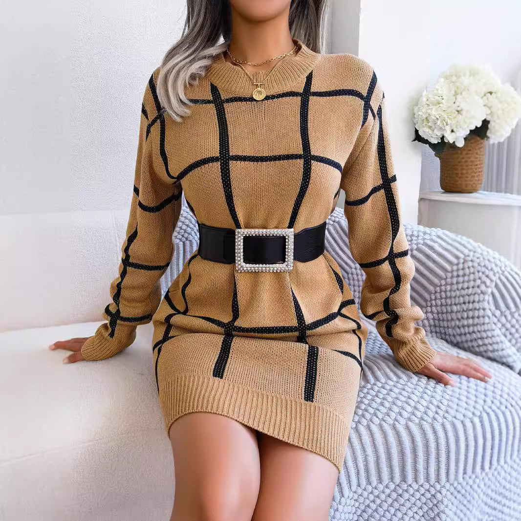 Casual contrasting plaid long sleeved base woolen dress