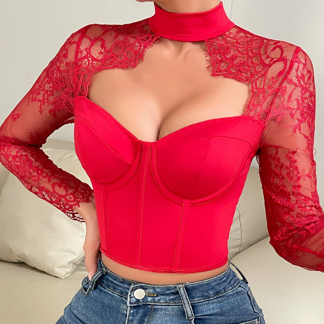Arrival Sexy  Low-Cut Top Elegant Fitted Lace Long-Sleeve Women's Dress