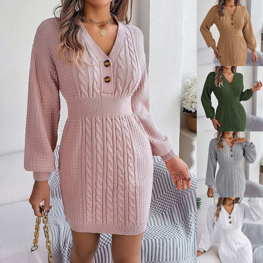 Button V-neck Fried Dough Twists lantern sleeve hip wrap wool dress