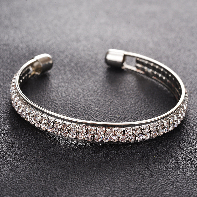 European And American New Fashion High-Quality Popular Rose Gold Silver Diamond Inlaid 2-Row Open Bracelet Women's Bracelet Jewelry