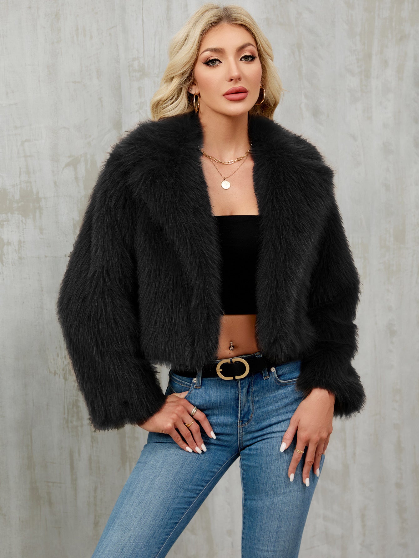 Women's plush short jacket, faux fur coat, suit collar coat