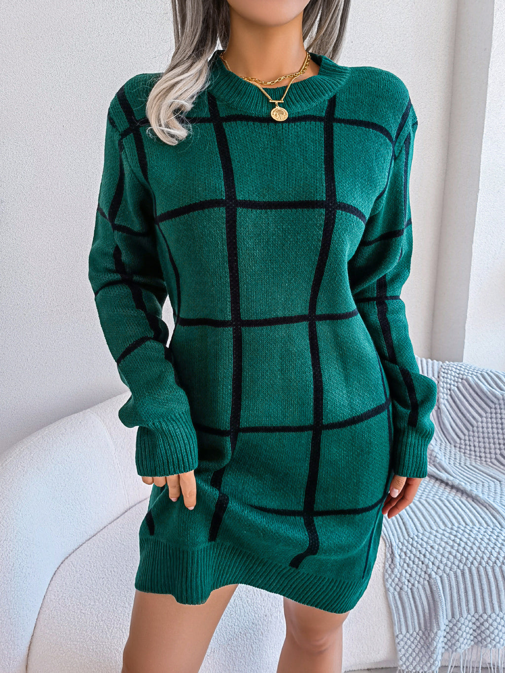 Casual contrasting plaid long sleeved base woolen dress