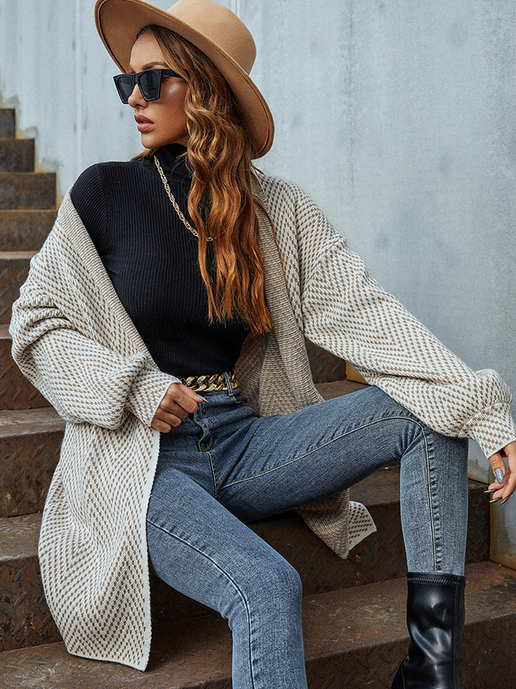 Autumn And Winter Women's V-Neck Solid Color Knitted Cardigan Mid-Length Sweater Coat