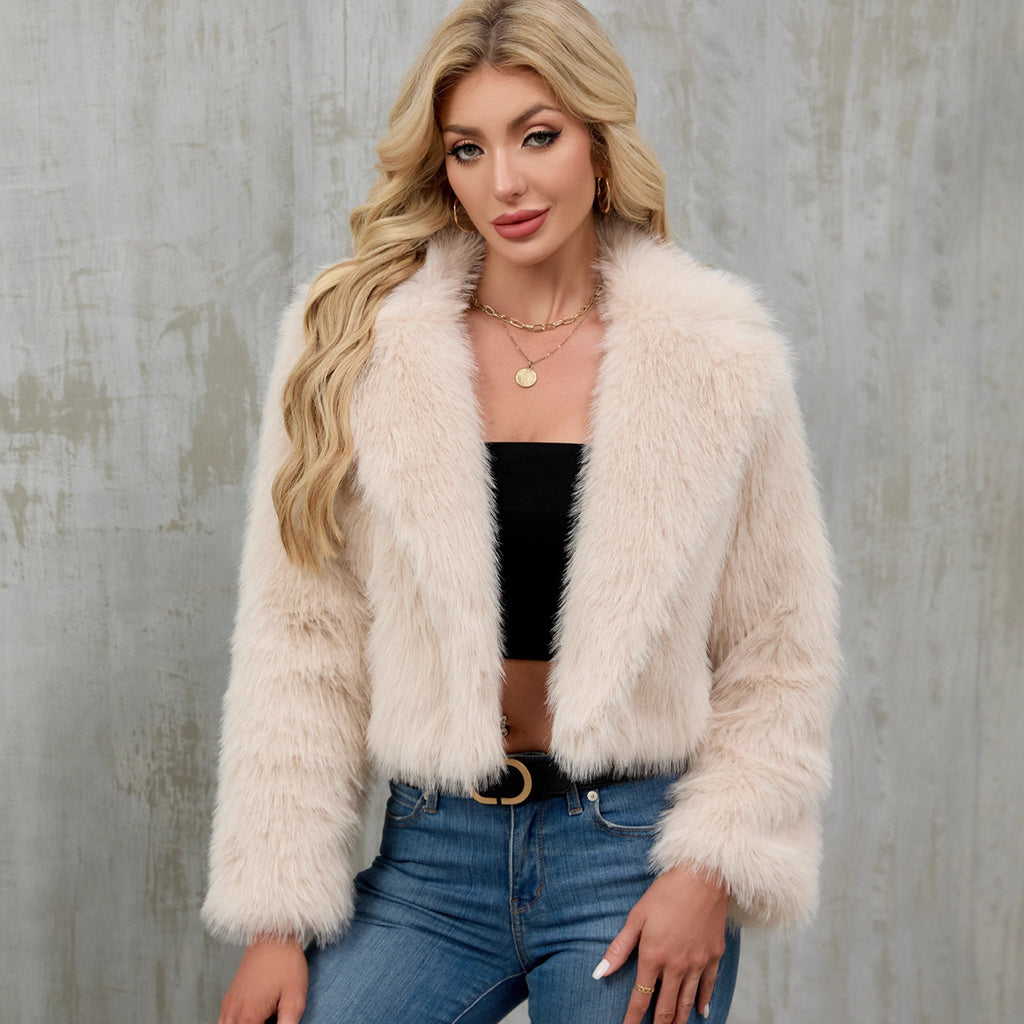 Women's plush short jacket, faux fur coat, suit collar coat