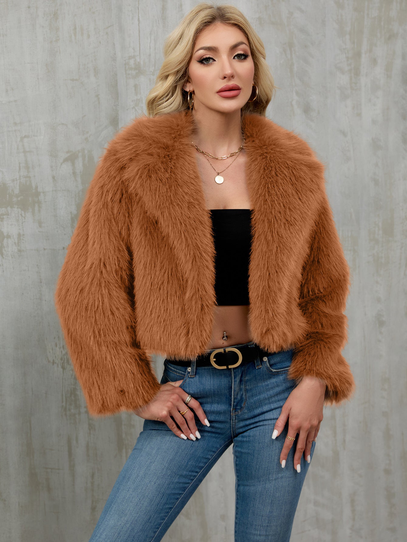 Women's plush short jacket, faux fur coat, suit collar coat