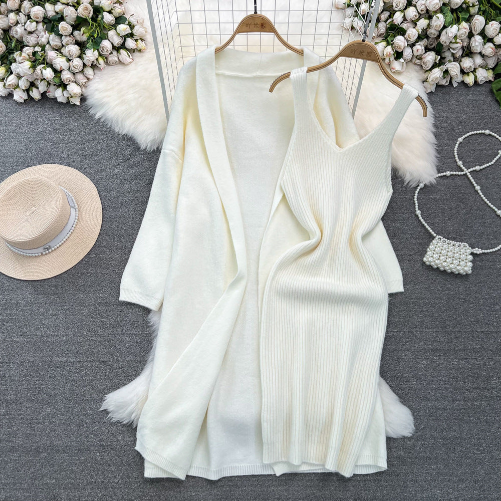 Soft and lazy style versatile loose medium to long knitted sweater jacket two-piece set, V-neck vest, hip hugging dress