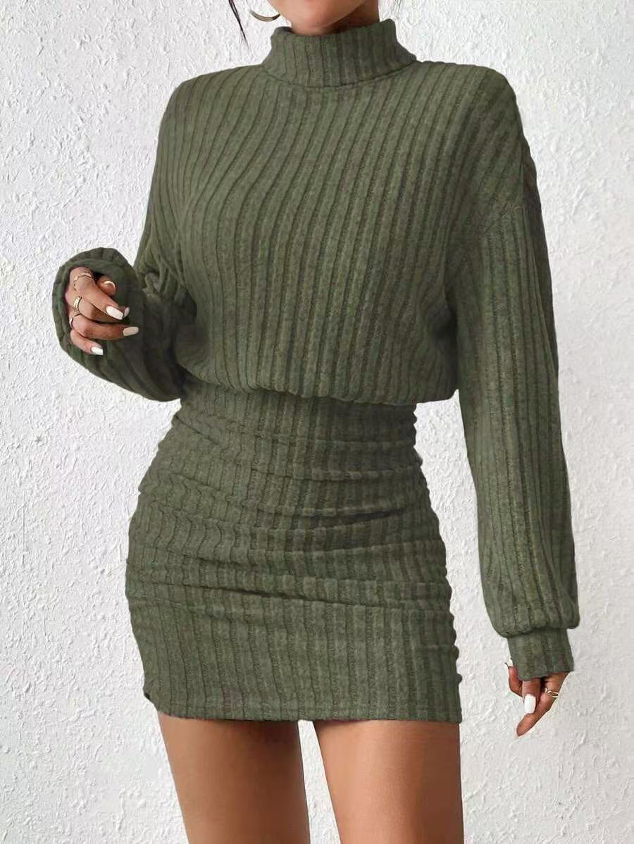Hip hugging long sleeved high neck striped knitted sexy dress