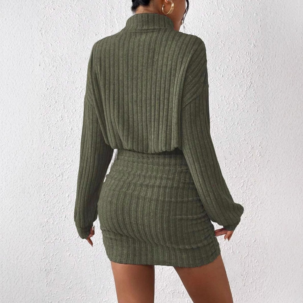 Hip hugging long sleeved high neck striped knitted sexy dress