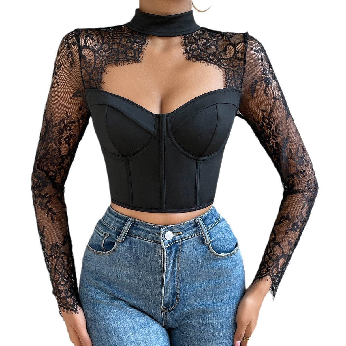 Arrival Sexy  Low-Cut Top Elegant Fitted Lace Long-Sleeve Women's Dress