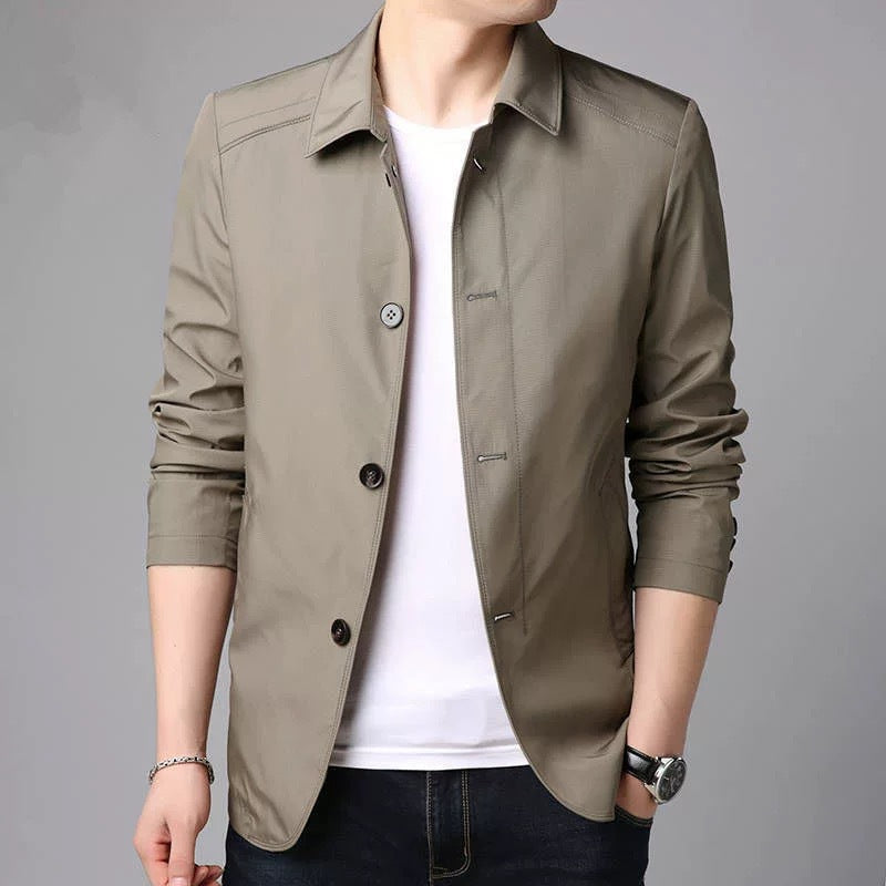Men Jacket Elegant Men's Mid Length Business Jacket with Turn-down Collar Single-breasted Design for Fall Spring Seasons