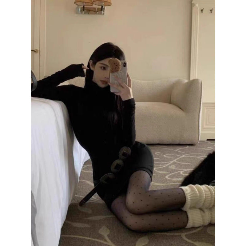 Half High Neck Black Dress for Women,Fitted Mini Dress, Bodycon Style, Slimming Inner Layer Dress