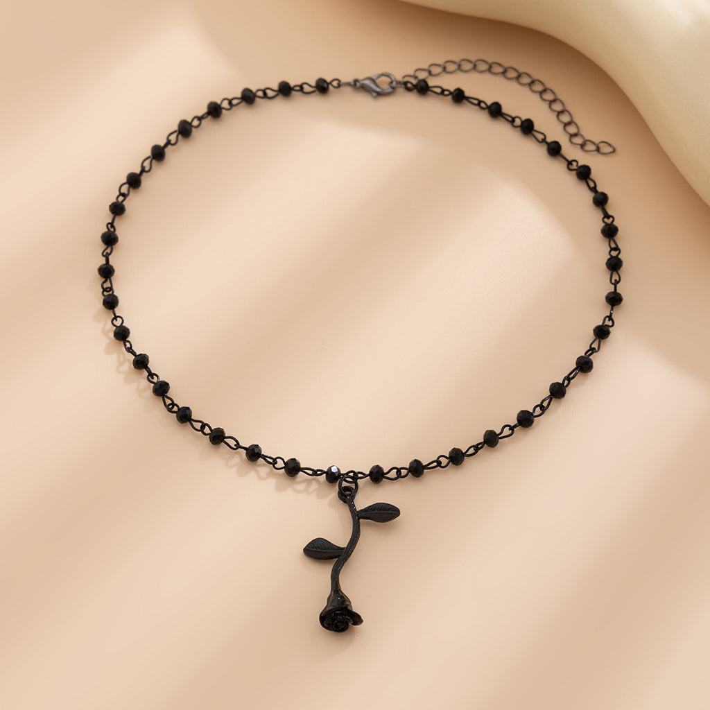 Fashionable rose bead necklace with dark crystal beads and collarbone chain