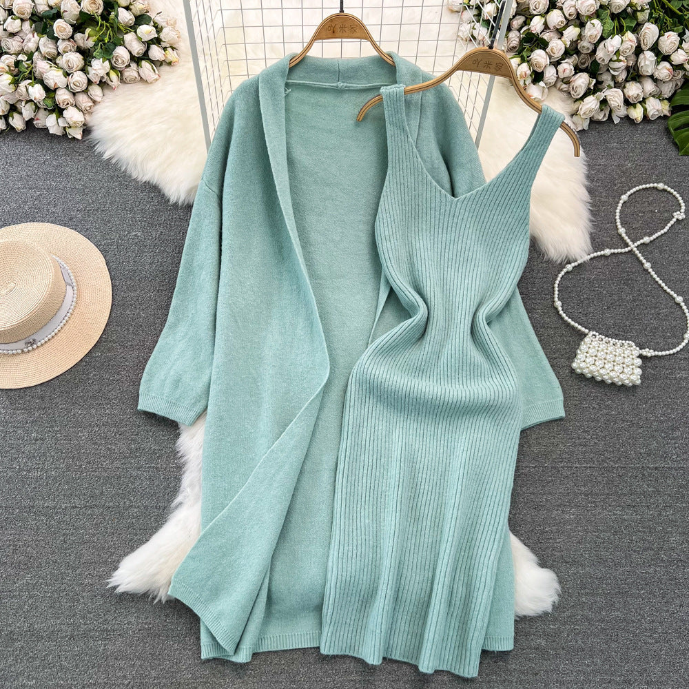 Soft and lazy style versatile loose medium to long knitted sweater jacket two-piece set, V-neck vest, hip hugging dress