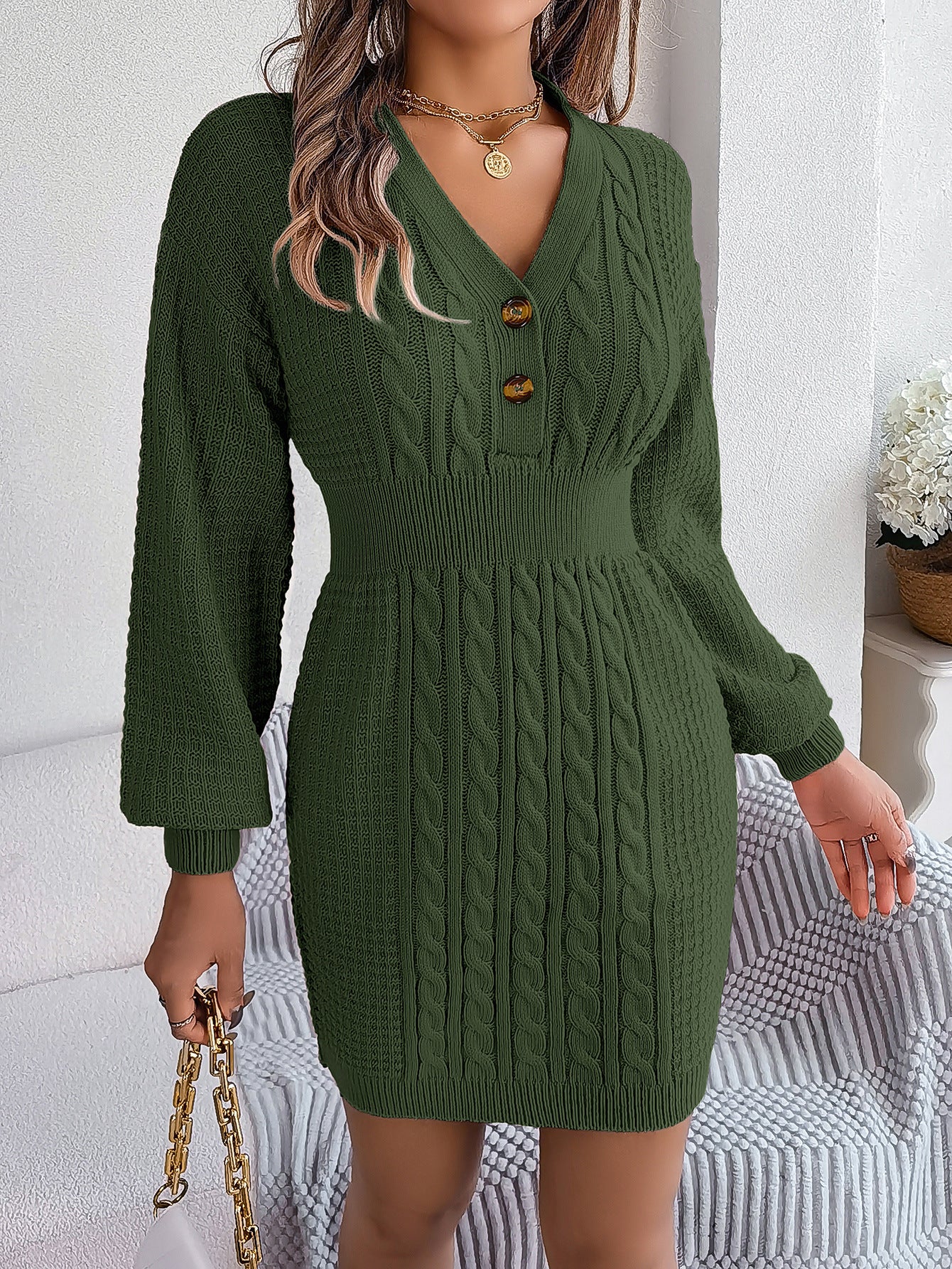 Button V-neck Fried Dough Twists lantern sleeve hip wrap wool dress