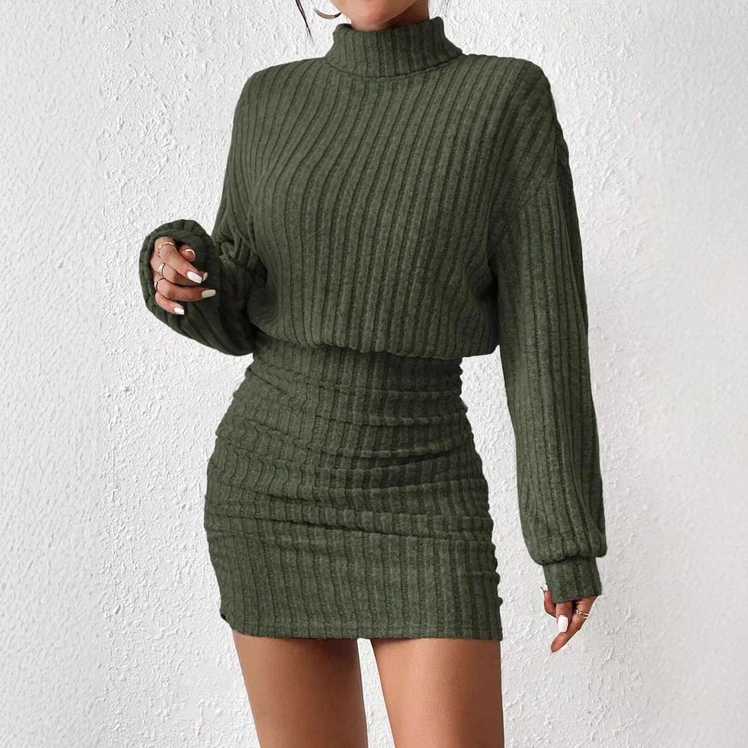 Hip hugging long sleeved high neck striped knitted sexy dress