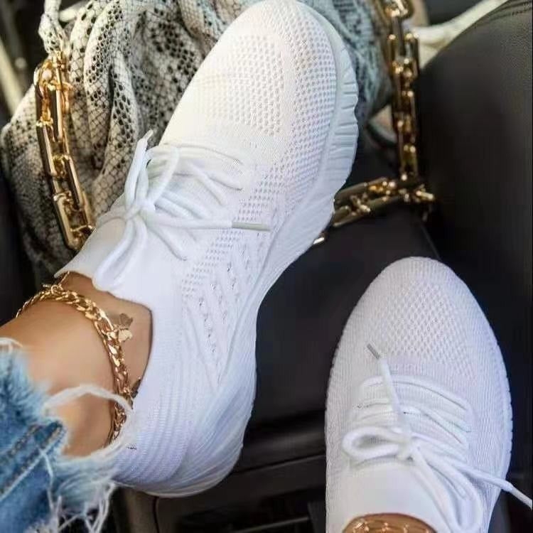 New big size women's sneakers women's lace mesh thick sole flying woven shoes breathable