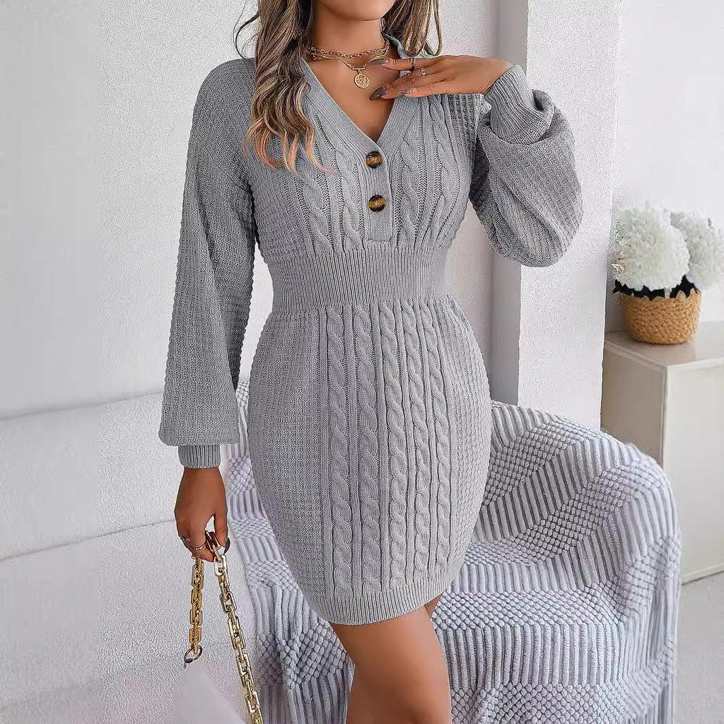 Button V-neck Fried Dough Twists lantern sleeve hip wrap wool dress