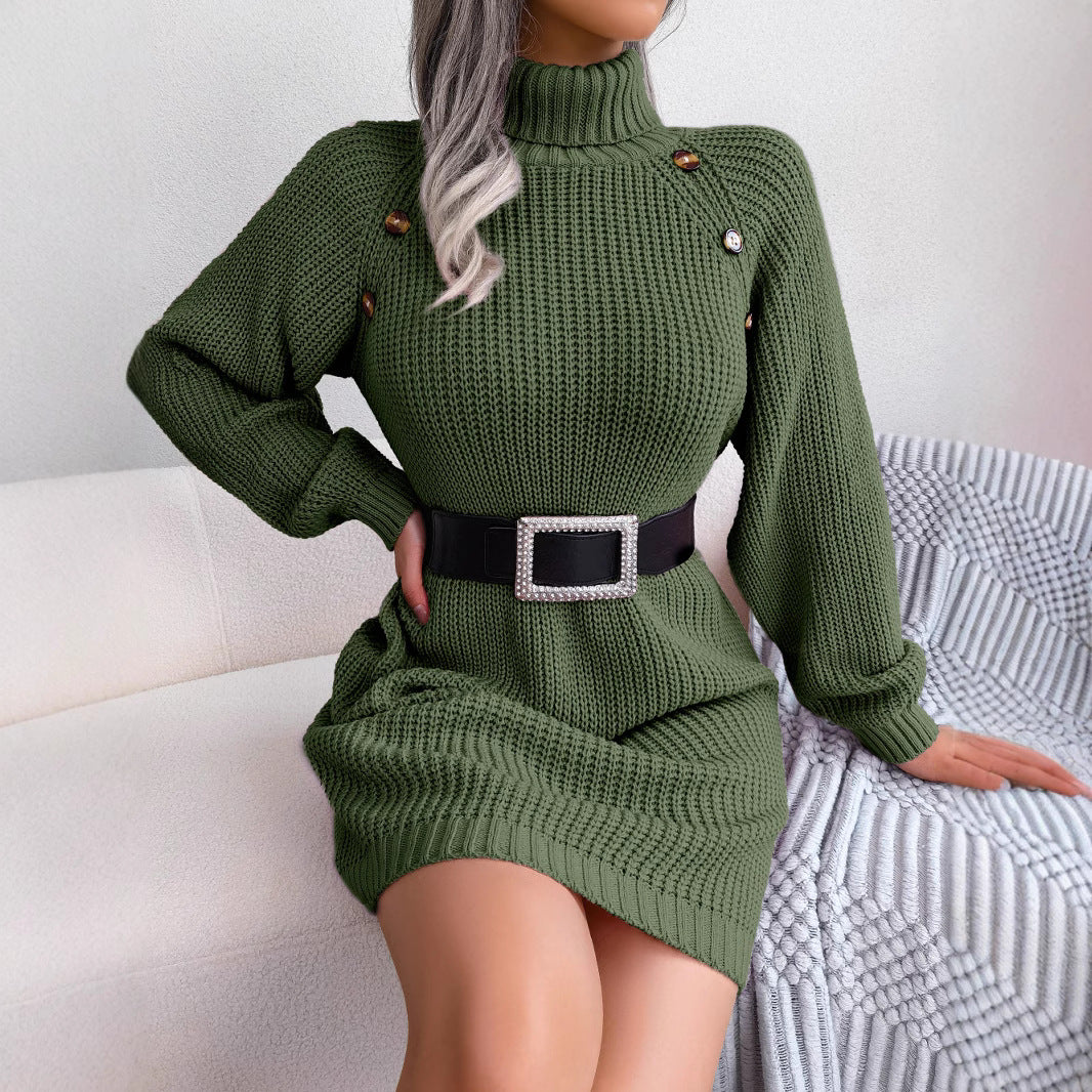 Button up high neck long sleeved base woolen dress