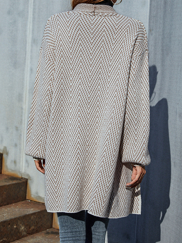 Autumn And Winter Women's V-Neck Solid Color Knitted Cardigan Mid-Length Sweater Coat