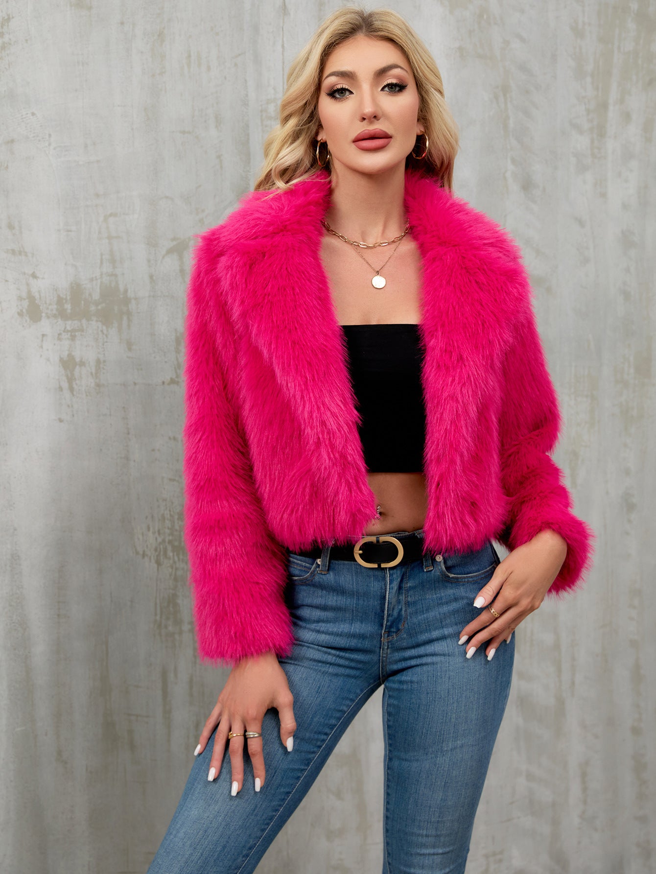 Women's plush short jacket, faux fur coat, suit collar coat