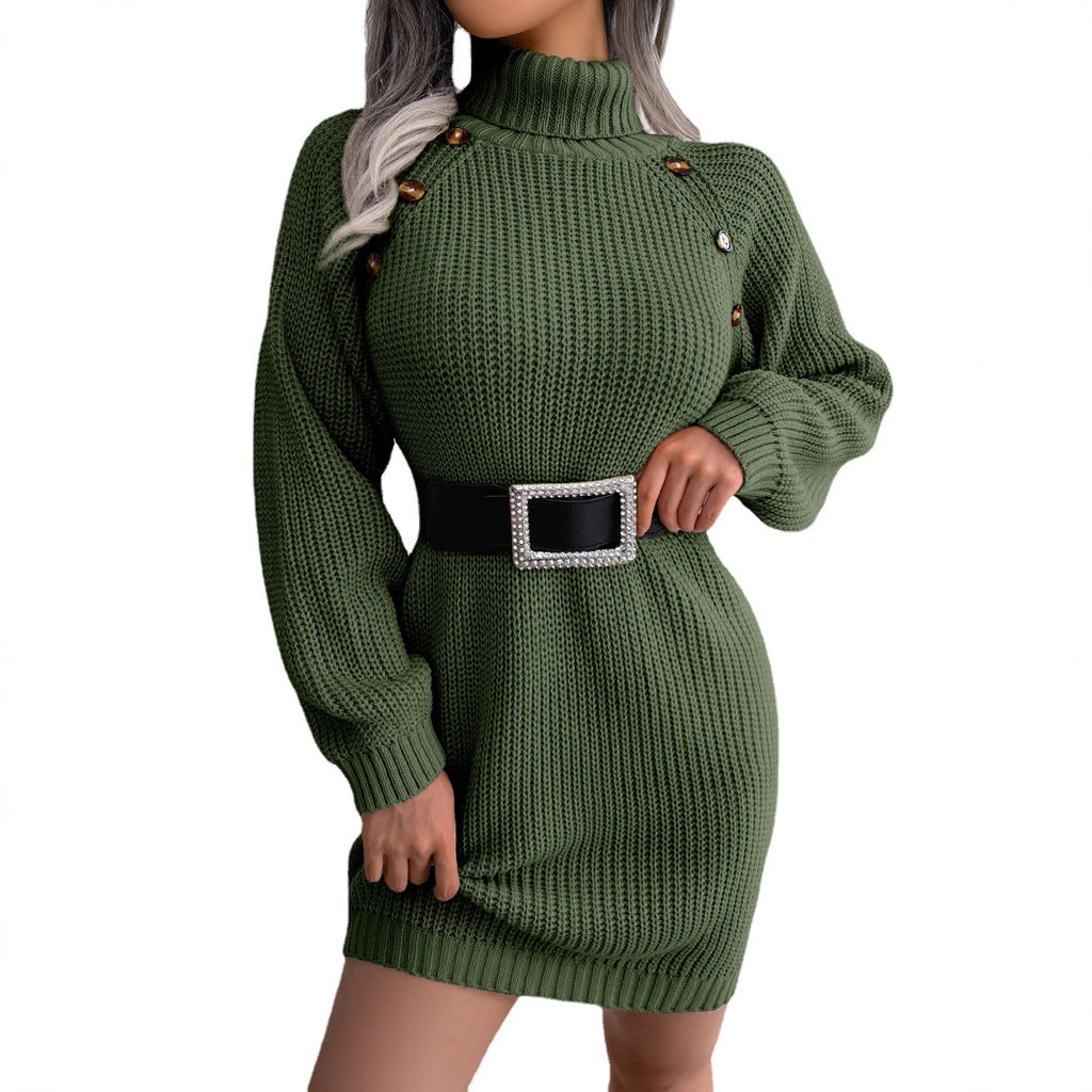 Button up high neck long sleeved base woolen dress