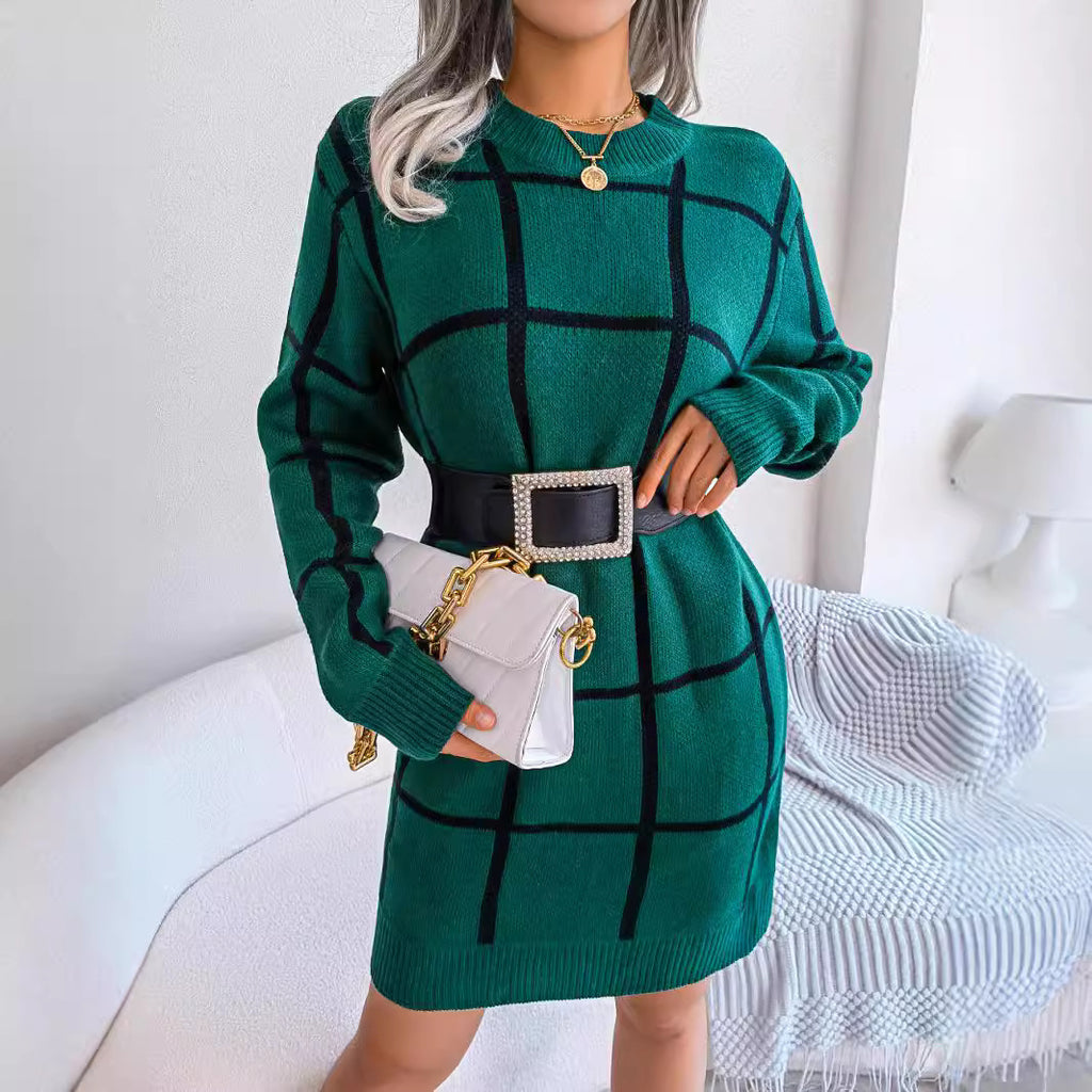 Casual contrasting plaid long sleeved base woolen dress
