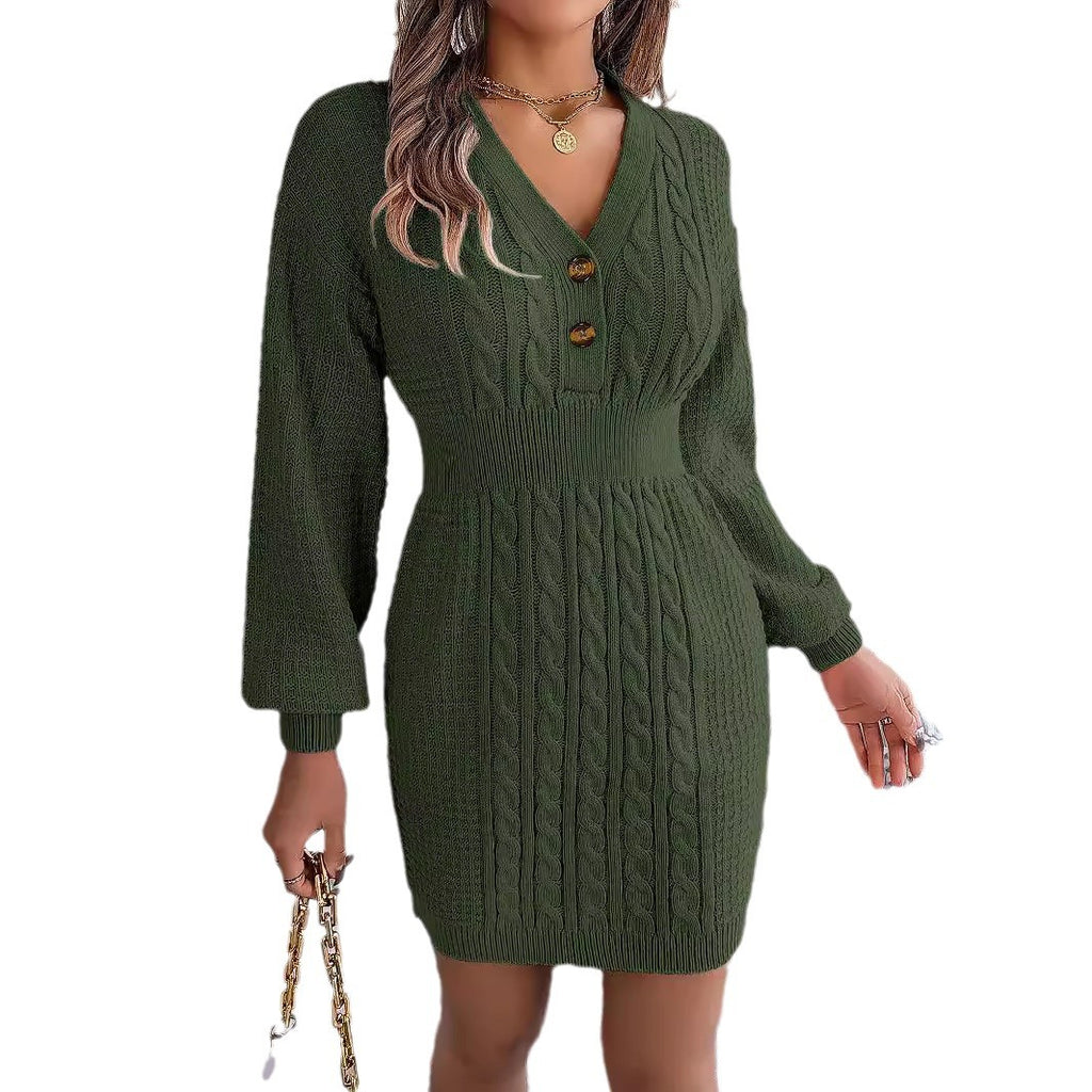 Button V-neck Fried Dough Twists lantern sleeve hip wrap wool dress