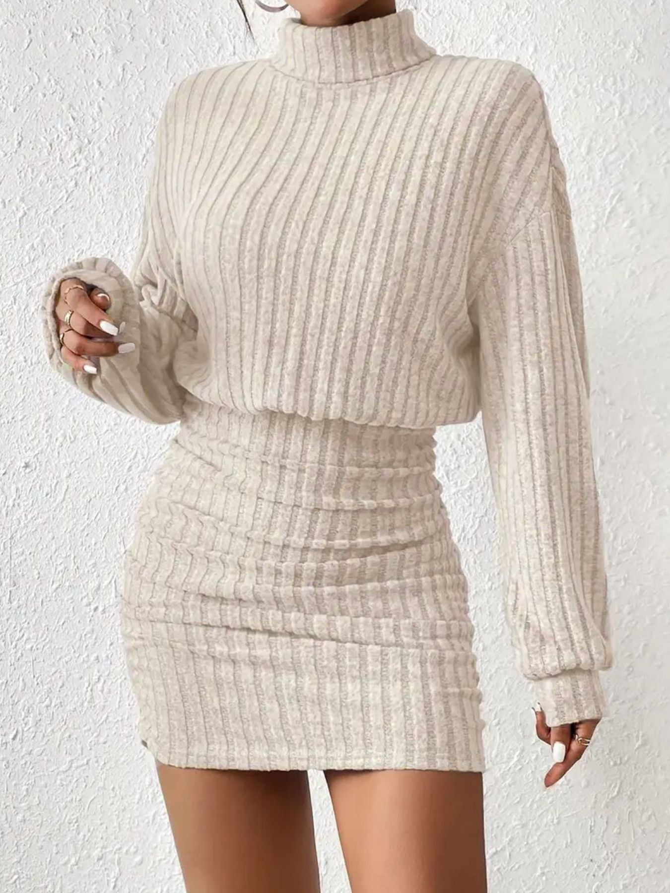 Hip hugging long sleeved high neck striped knitted sexy dress